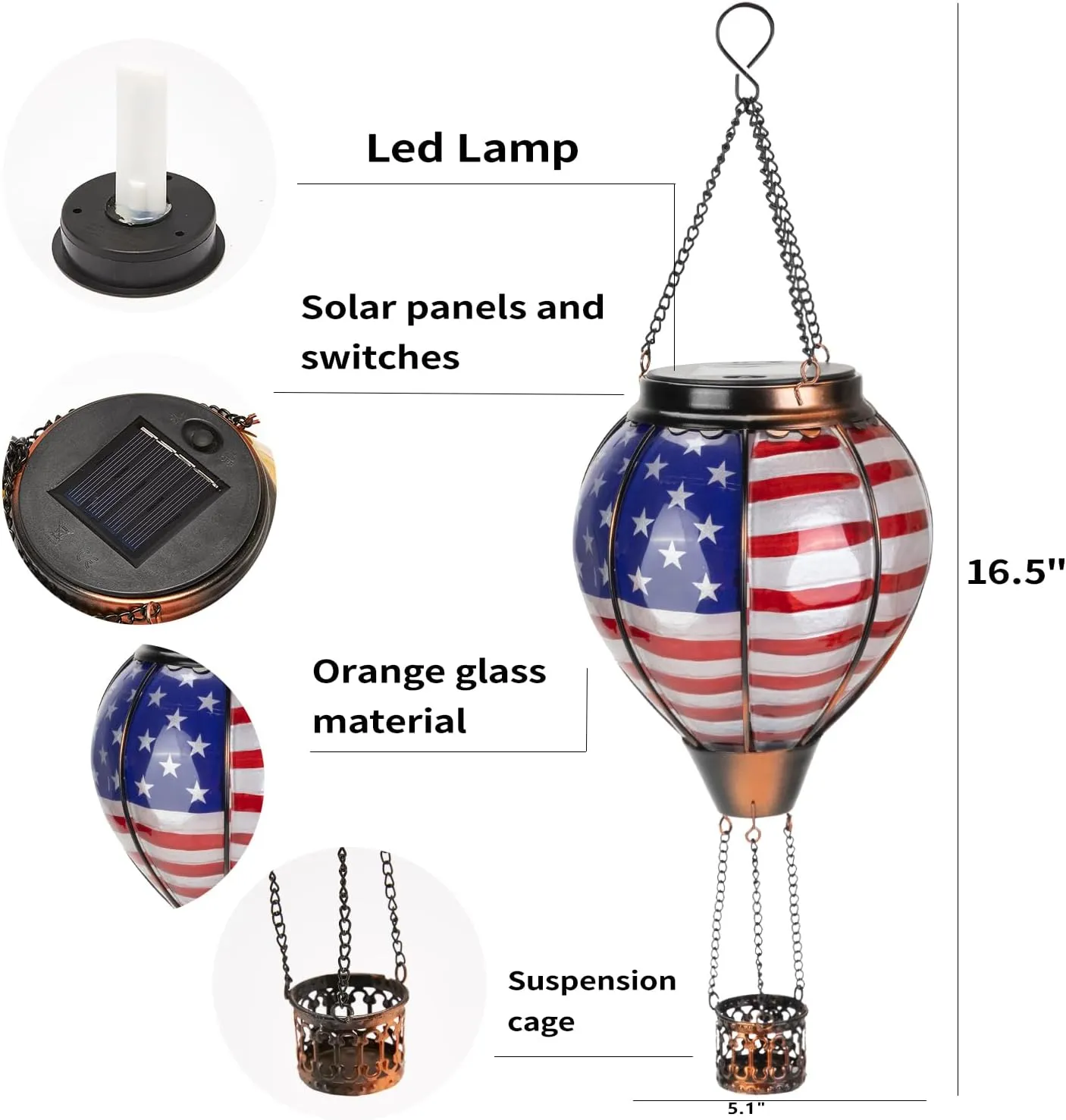 Larekook Solar Hot Air Balloon - American Flag Solar Lanterns Outdoor Hanging Waterproof for Garden Yard Patio 4th of July Decoration，Memorial Day Independence Day Decorations