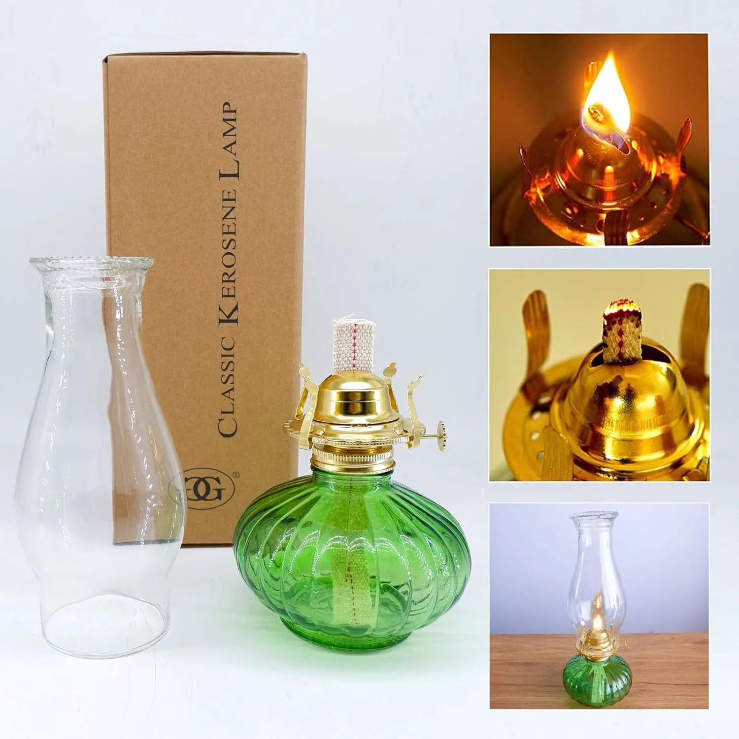 Large Oil Lamp for Indoor Use,Rustic Kerosene Lamp with 2 Pcs Wicks and 1 Tweezers,Glass Hurricane Lantern for Home Emergency Lighting (Green)