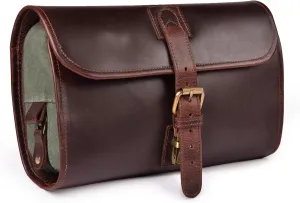 LEATHER VILLAGE Hanging Leather Toiletry Bag for Men & Women, Handcrafted Vintage Cosmetic & Shaving Organizer Travel Dopp Kit Shower Bag - Cherry