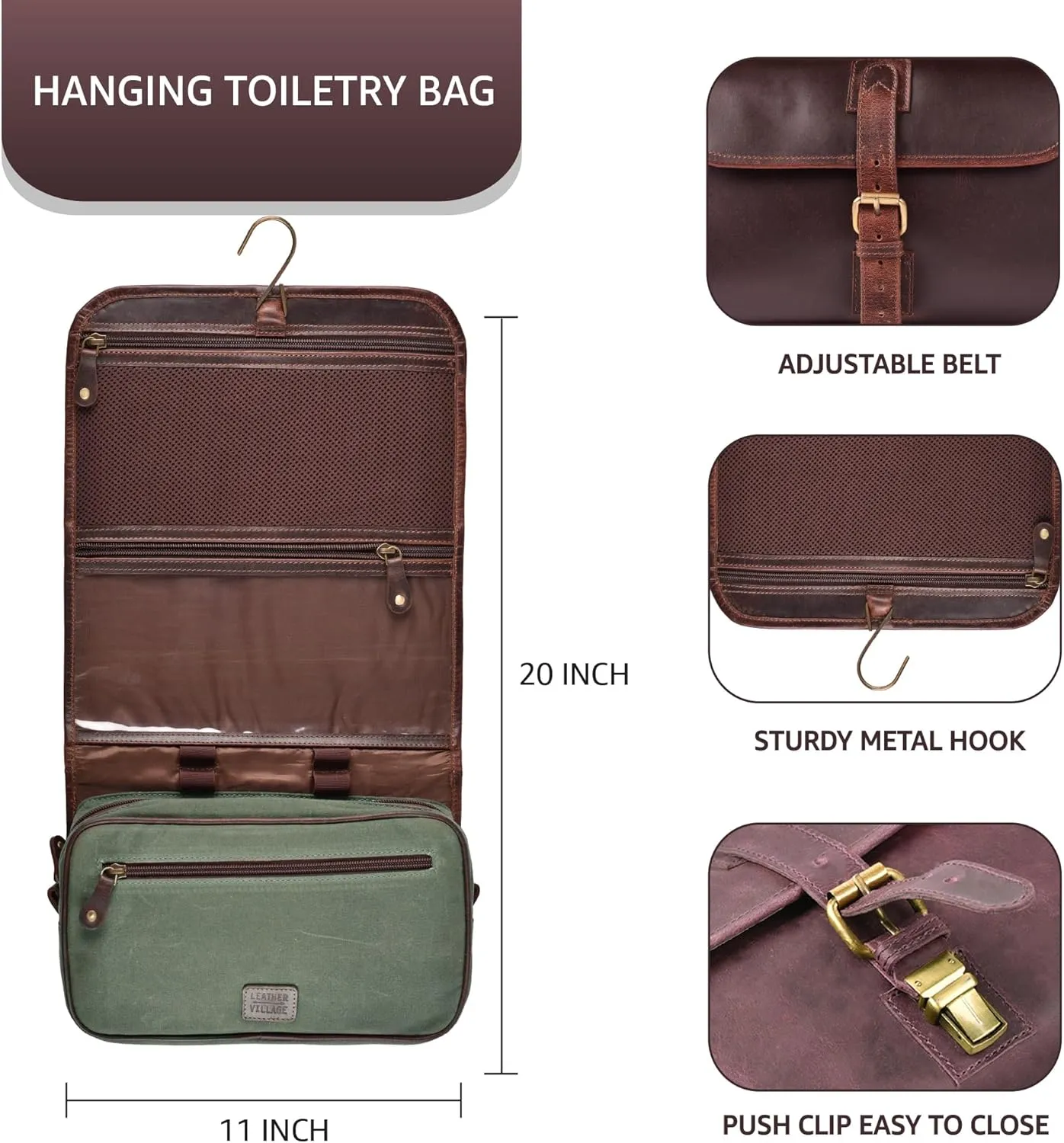 LEATHER VILLAGE Hanging Leather Toiletry Bag for Men & Women, Handcrafted Vintage Cosmetic & Shaving Organizer Travel Dopp Kit Shower Bag - Cherry
