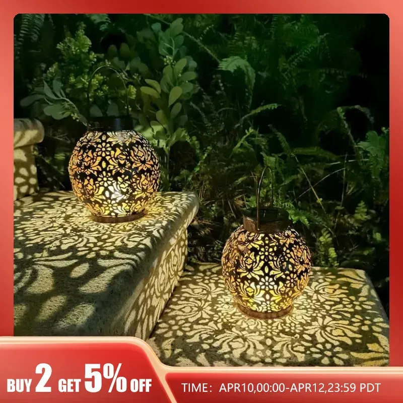 LED Solar Lantern Light Hollow Wrought Iron Projection Light Hanging Lamps Outdoor Waterproof Yard Garden Art Decoration