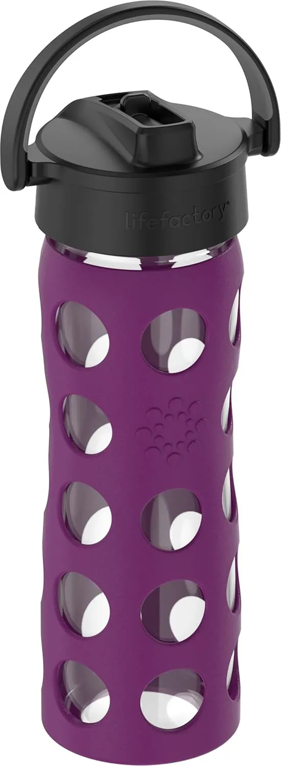 Lifefactory 16-Ounce Glass Water Bottle with Pivot Straw Cap and Protective Silicone Sleeve, Plum