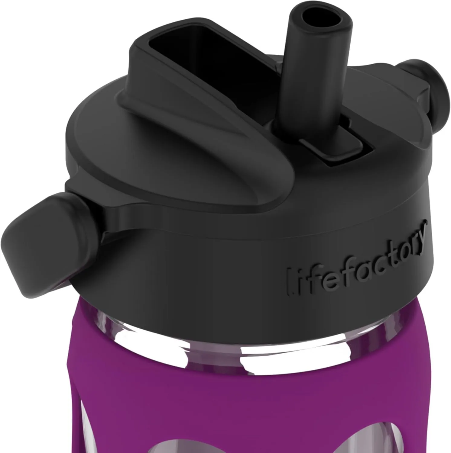 Lifefactory 16-Ounce Glass Water Bottle with Pivot Straw Cap and Protective Silicone Sleeve, Plum