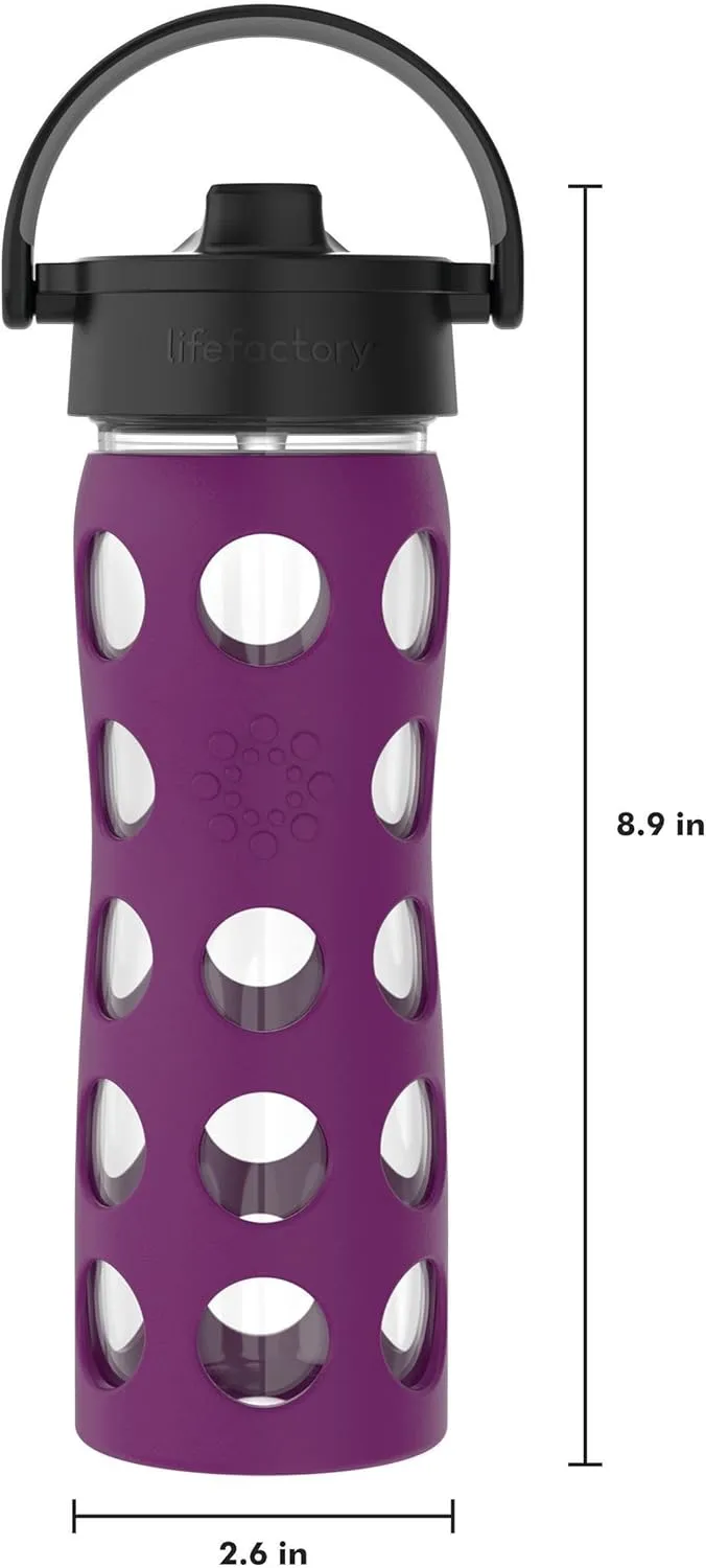 Lifefactory 16-Ounce Glass Water Bottle with Pivot Straw Cap and Protective Silicone Sleeve, Plum