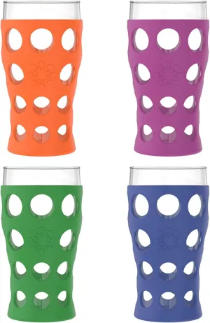 Lifefactory 20-Ounce Indoor/Outdoor Protective Silicone Sleeve Beverage Glass, 4-Pack, Orange, Grass Green, Cobalt, Huckleberry,LF340400C4
