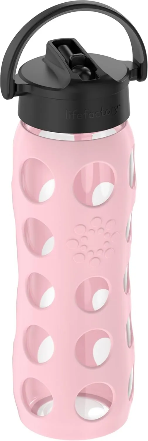 Lifefactory 22-Ounce Glass Water Bottle with Pivot Straw Cap and Protective Silicone Sleeve, Desert Rose
