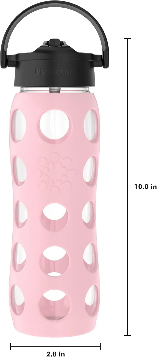 Lifefactory 22-Ounce Glass Water Bottle with Pivot Straw Cap and Protective Silicone Sleeve, Desert Rose
