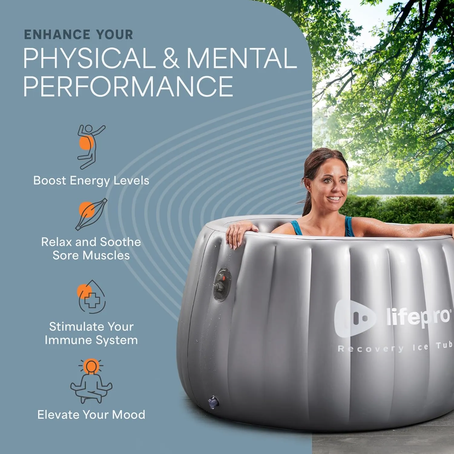 LifePro 2-Person Portable Ice Bath Tub - Self-Inflatable Cold Plunge Tub for Adults - Gray Square Ice Bath Tub