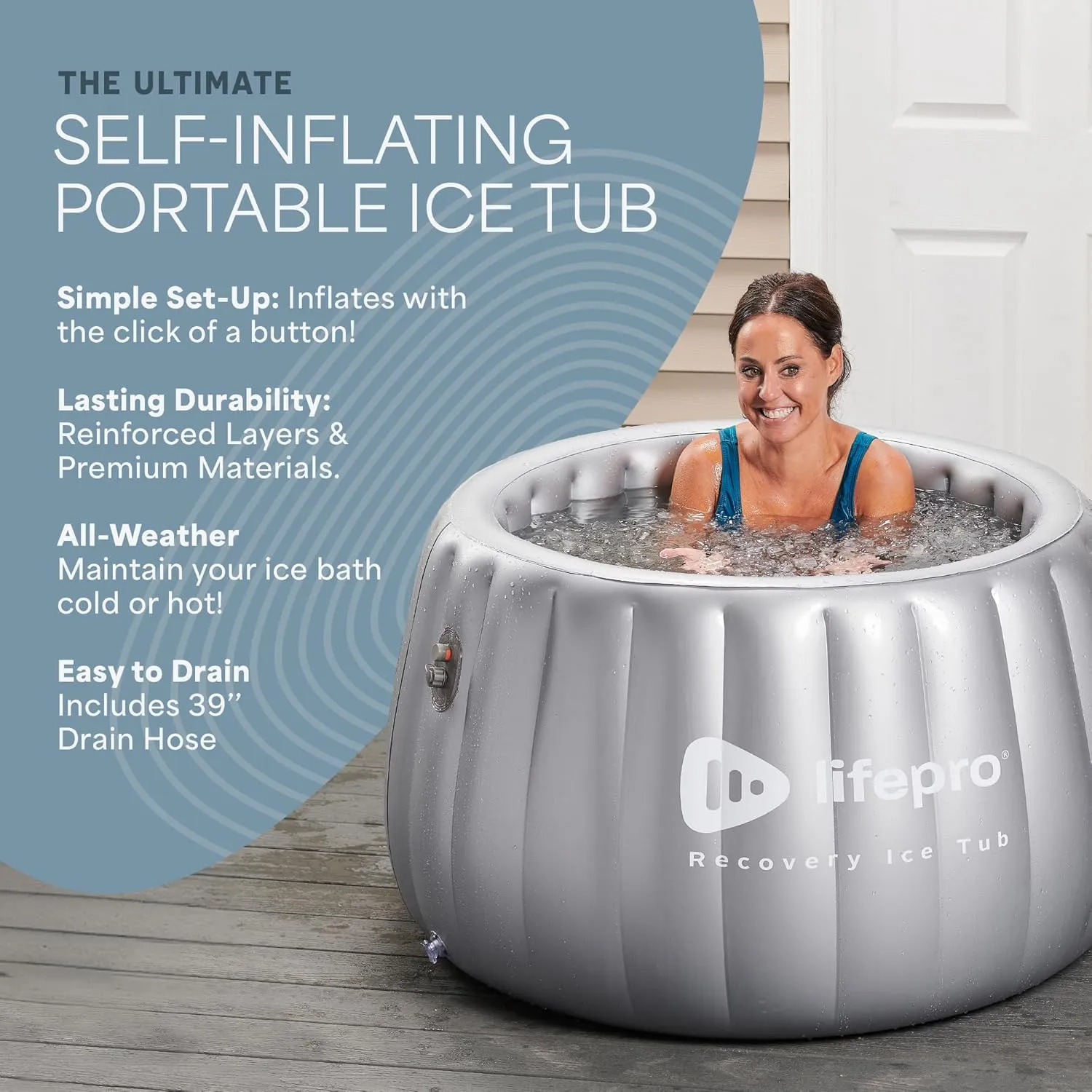 LifePro 2-Person Portable Ice Bath Tub - Self-Inflatable Cold Plunge Tub for Adults - Gray Square Ice Bath Tub