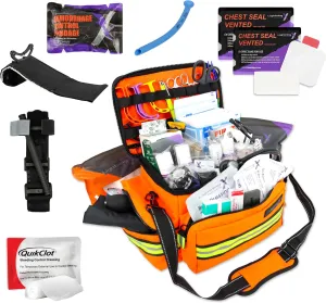 Lightning X Mid-Sized First Responder EMT Bag | LXMB25 | Fully Stocked w/ 248  First Aid Supplies   Trauma Pak w/C.A.T. Tourniquet & QuikClot - Orange