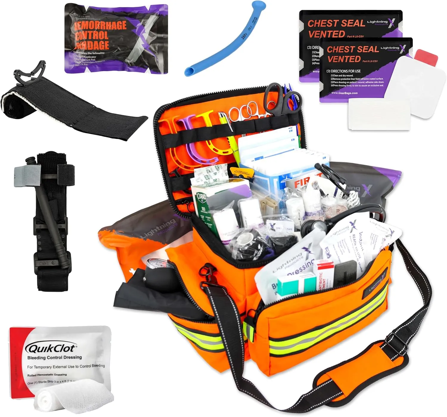 Lightning X Mid-Sized First Responder EMT Bag | LXMB25 | Fully Stocked w/ 248  First Aid Supplies   Trauma Pak w/C.A.T. Tourniquet & QuikClot - Orange