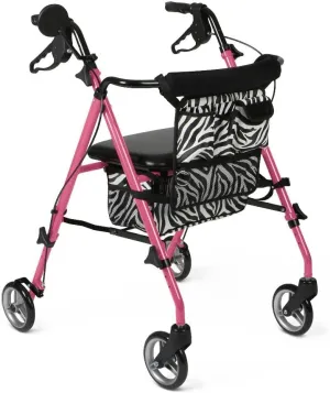 Lightweight Aluminum Rollator Walker – Pink Zebra Print, Foldable Rolling Walker with Seat, Storage Bag, 6-Inch Wheels, 250 lb Weight Capacity for Seniors & Adults