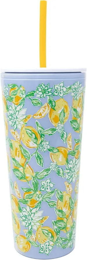 Lilly Pulitzer Double Wall Tumbler with Lid and Reusable Straw, White Plastic Cup, Insulated Travel Cup Holds 24 Ounces, Make Lemonade