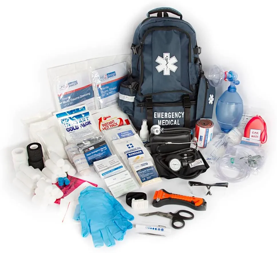 LINE2design First Aid Tactical Bag Kit - EMT Emergency First Responder Rescue Tactical Carry Fully Stocked Large Medical Supplies Medical Backpack Trauma Kit - Paramedic EMS Bags - Navy Blue