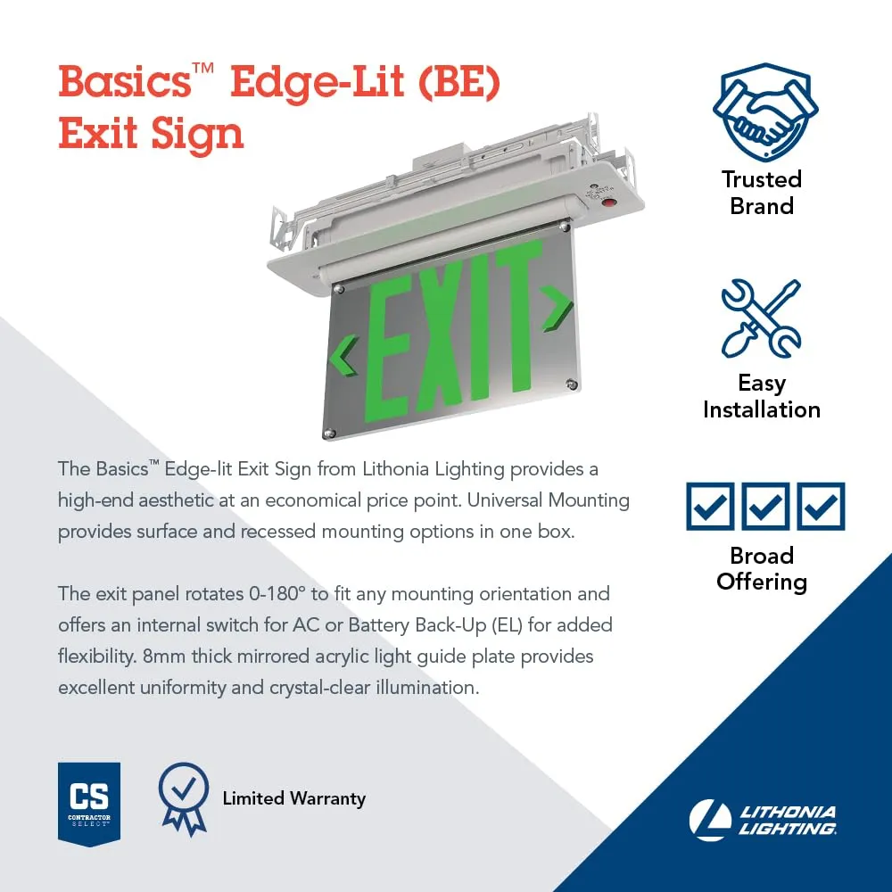 Lithonia Lighting Basics Edge-lit LED Exit Sign with Green Letters, Universal Mount Emergency Exit Only Sign, Ni-Cad Battery Backup (BE W G UM M2)