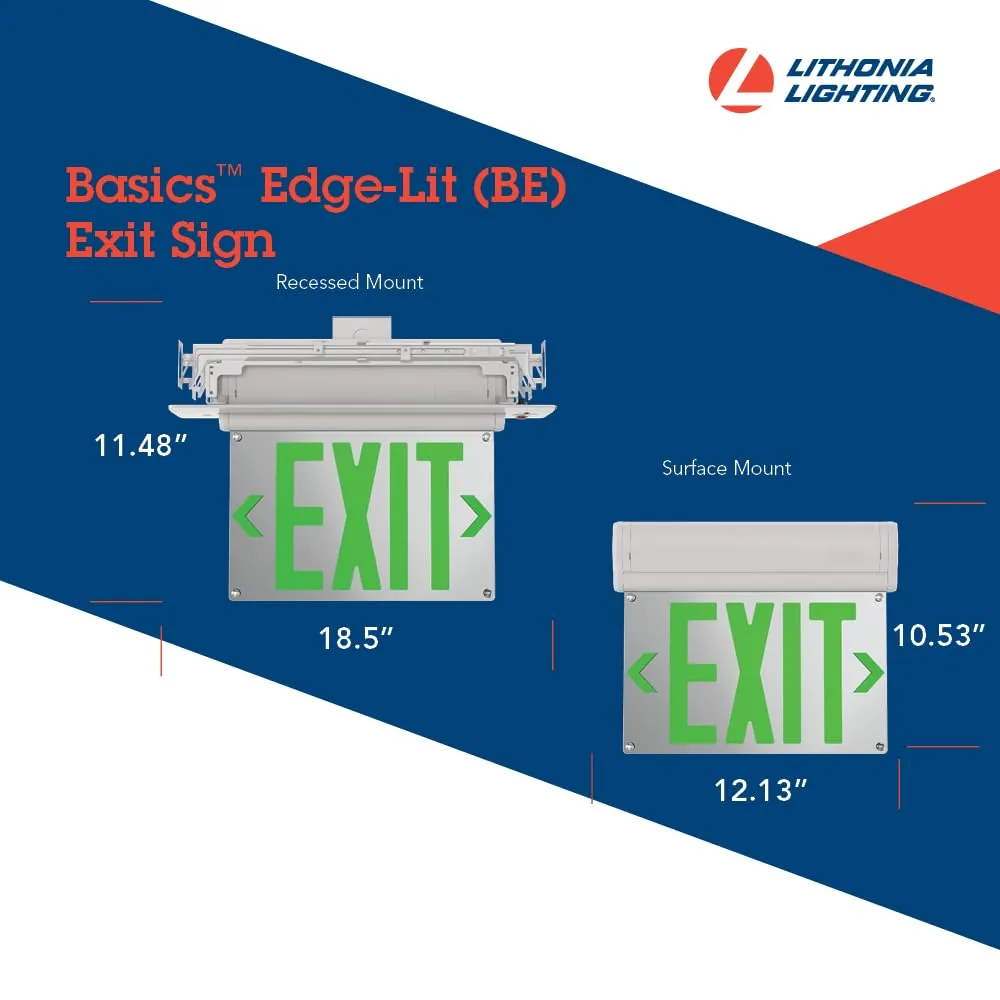 Lithonia Lighting Basics Edge-lit LED Exit Sign with Green Letters, Universal Mount Emergency Exit Only Sign, Ni-Cad Battery Backup (BE W G UM M2)