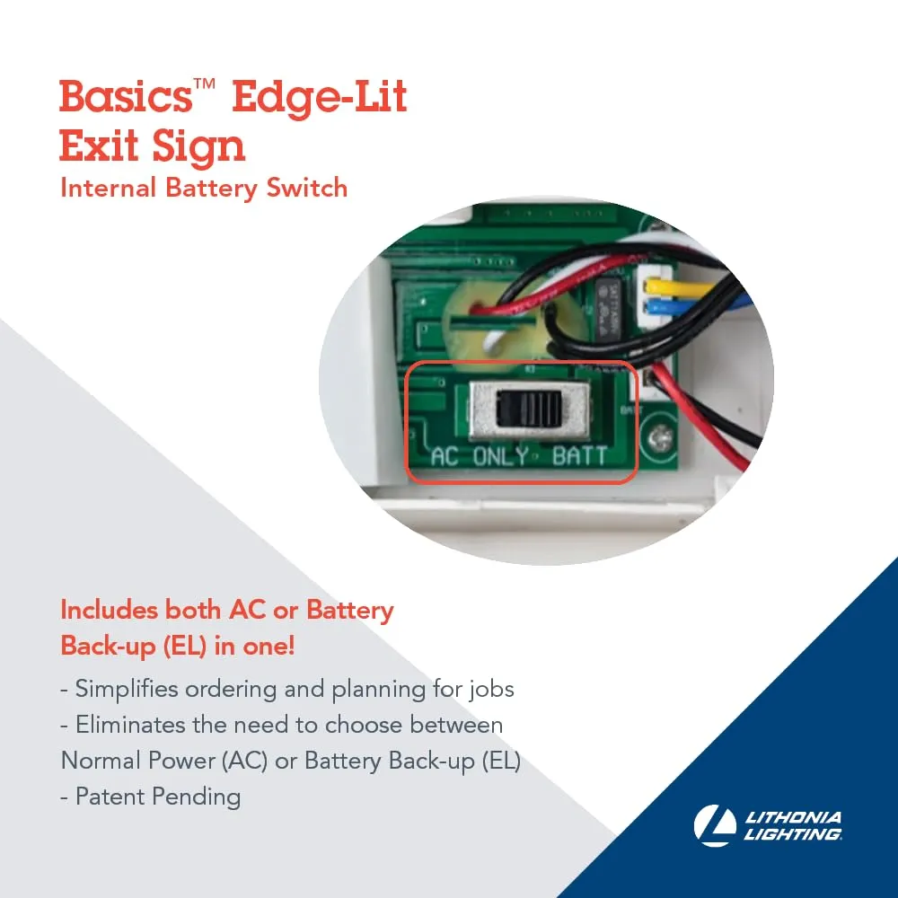 Lithonia Lighting Basics Edge-lit LED Exit Sign with Green Letters, Universal Mount Emergency Exit Only Sign, Ni-Cad Battery Backup (BE W G UM M2)