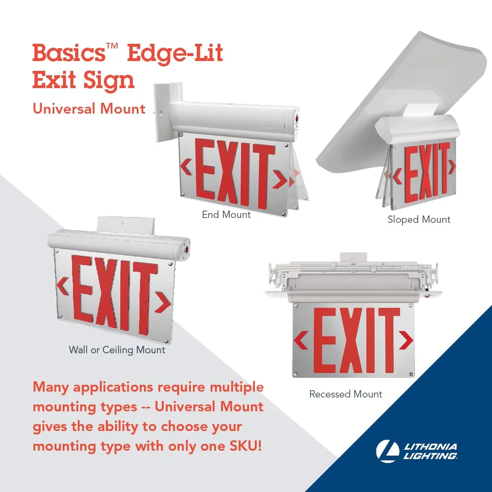 Lithonia Lighting Basics Edge-lit LED Exit Sign with Green Letters, Universal Mount Emergency Exit Only Sign, Ni-Cad Battery Backup (BE W G UM M2)