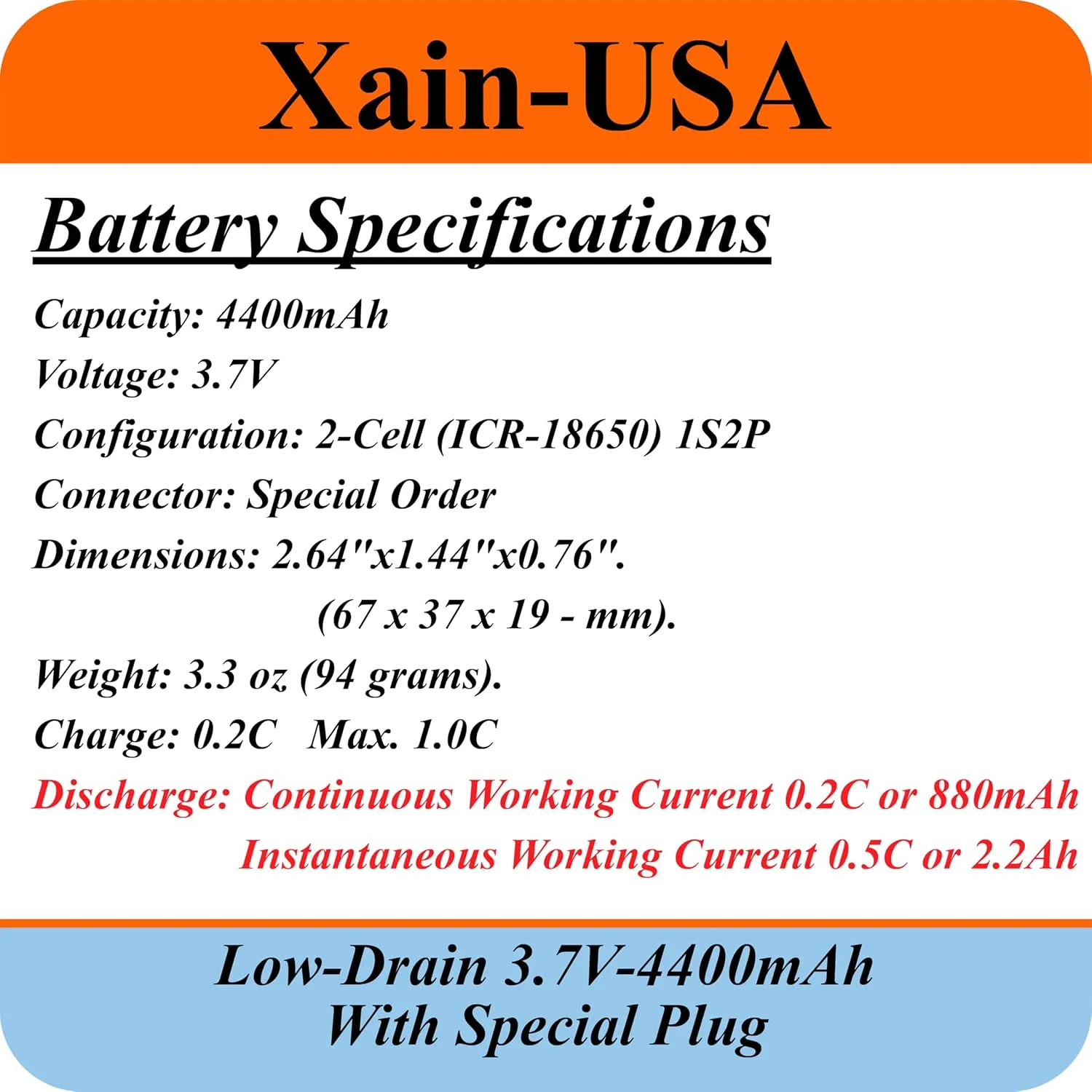 (Low-Drain) Special Order 3.7v 4400mAh Lithium-ion Battery, 880mAh Continuous Current, 2200mAh Instantaneous Current