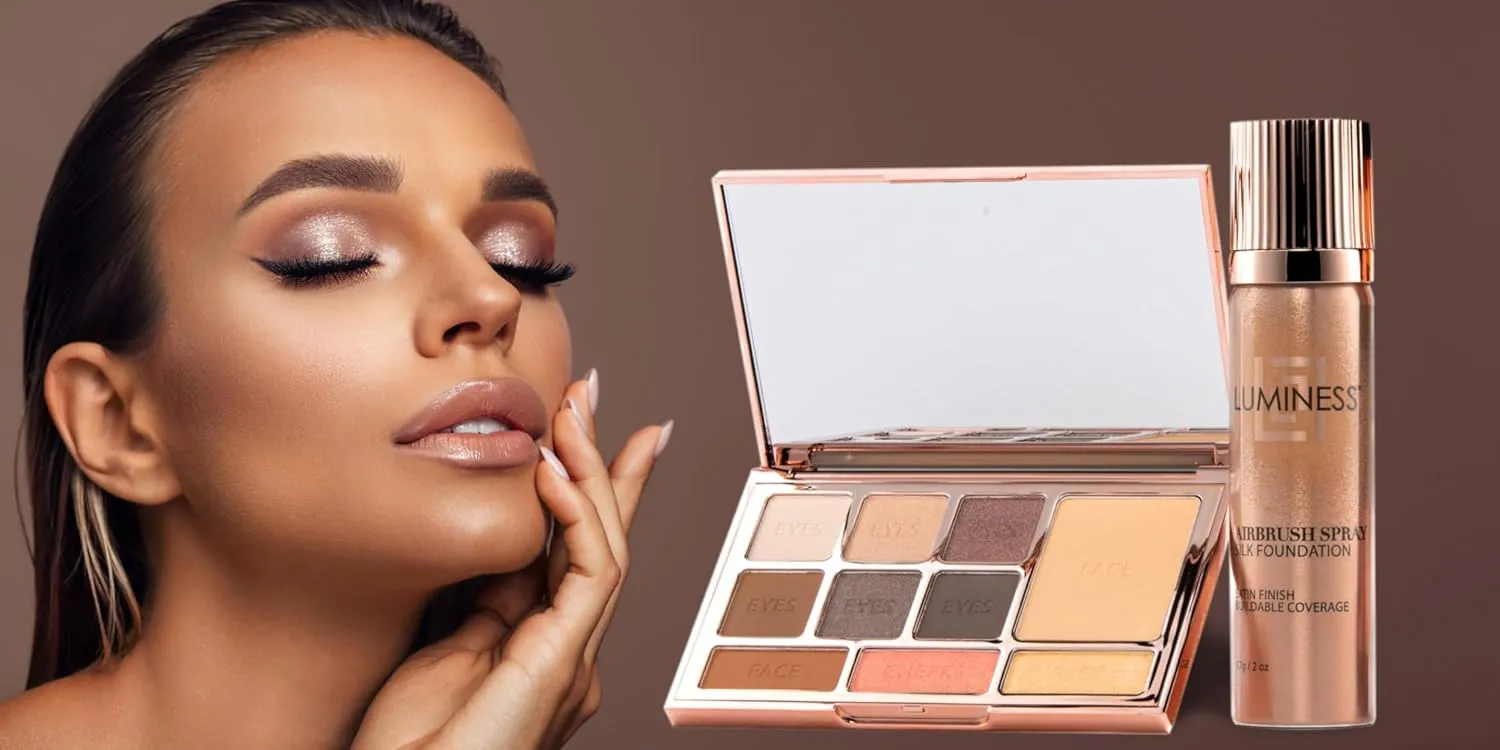 LUMINESS Face Time All In One Makeup Kit - Includes Face Palette, Airbrush Foundation, and Makeup Brush - Long-Wearing, Silky, Soft, Easy to Blend, 3-PC Make Up Set (06 - Light Warm)