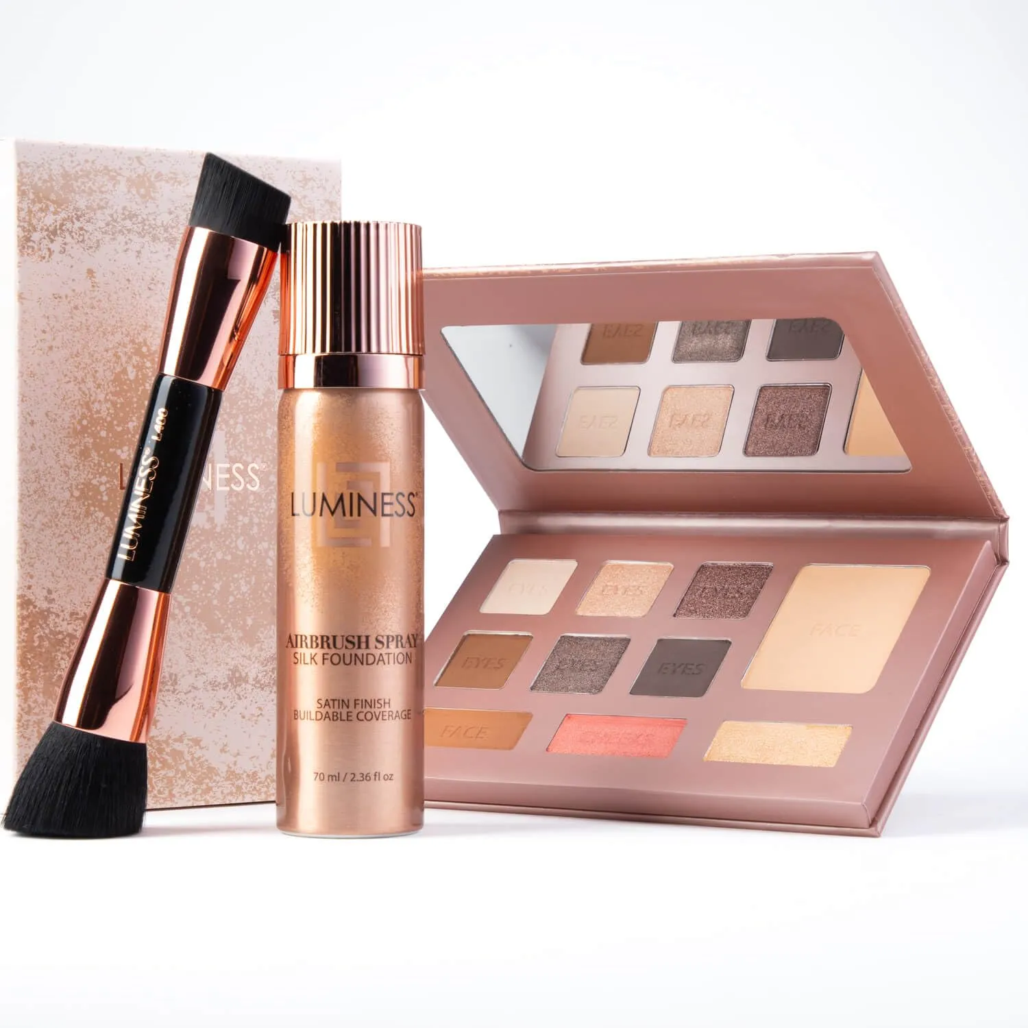 LUMINESS Face Time All In One Makeup Kit - Includes Face Palette, Airbrush Foundation, and Makeup Brush - Long-Wearing, Silky, Soft, Easy to Blend, 3-PC Make Up Set (06 - Light Warm)