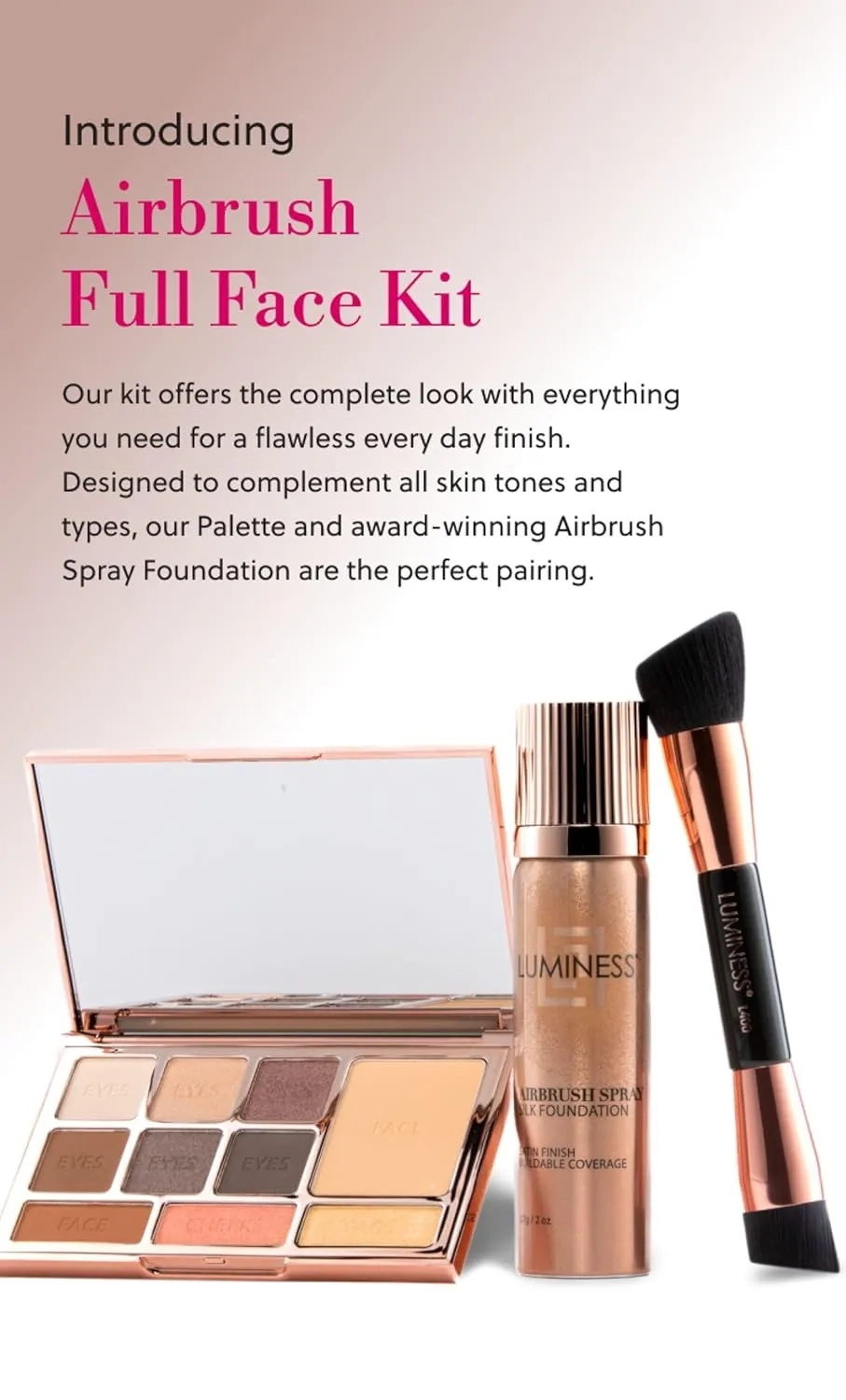 LUMINESS Face Time All In One Makeup Kit - Includes Face Palette, Airbrush Foundation, and Makeup Brush - Long-Wearing, Silky, Soft, Easy to Blend, 3-PC Make Up Set (06 - Light Warm)