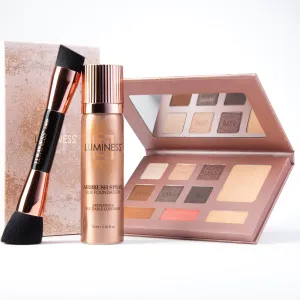 LUMINESS Face Time All In One Makeup Kit - Includes Face Palette, Airbrush Foundation, and Makeup Brush - Long-Wearing, Silky, Soft, Easy to Blend, 3-PC Make Up Set (06 - Light Warm)