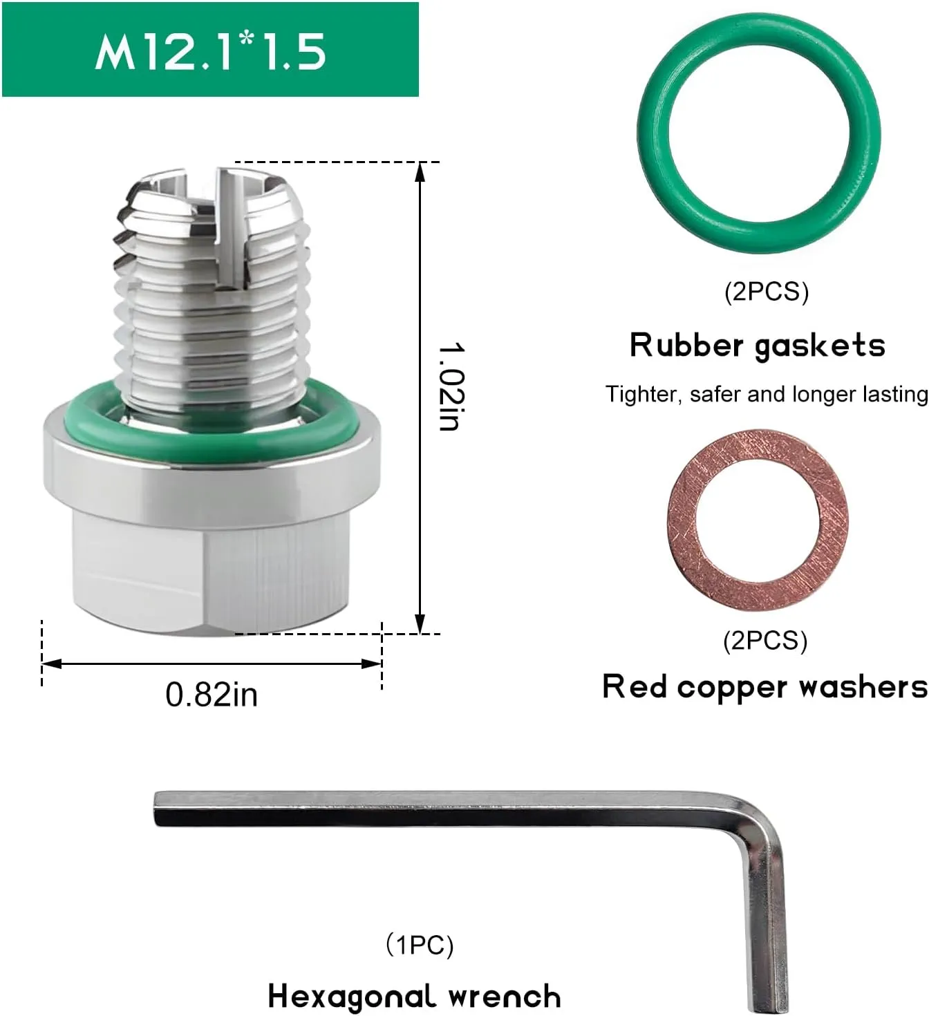 M12.1-1.5 x 15mm Oversize Piggyback Oil Drain Plug, Stainless Steel Self Tapping Drain Plug Replacement, Leak-Proof Oil Pan Thread Repair Kit with O-Ring Hexagonal Wrench