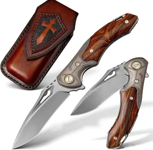 M390 Pink Steel Men's Pocket Folding Knife, American Desert Ironwood Handle Camping, Outdoor Adventure Comes with Leather Cover and Clip, Comes with Exquisite Box Packaging as a Gift