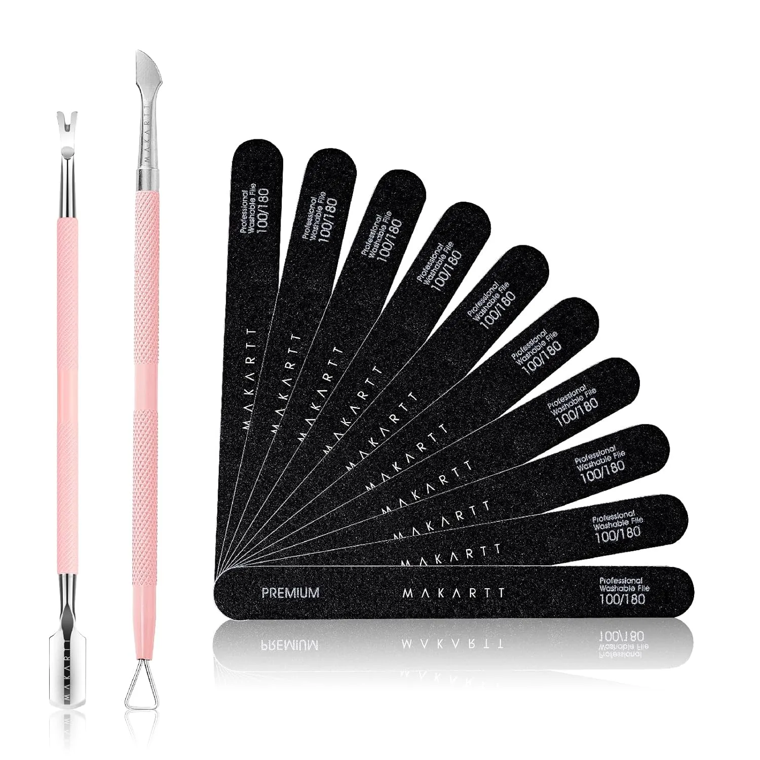 Makartt Nail File 100 180 Grit Emery Boards for Nails Bundle with Cuticle Pushers, Pink Cuticle Knife, 2Pcs Professional Stainless Steel Dual Ended Cuticle Remover