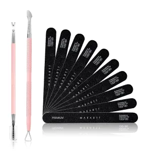 Makartt Nail File 100 180 Grit Emery Boards for Nails Bundle with Cuticle Pushers, Pink Cuticle Knife, 2Pcs Professional Stainless Steel Dual Ended Cuticle Remover