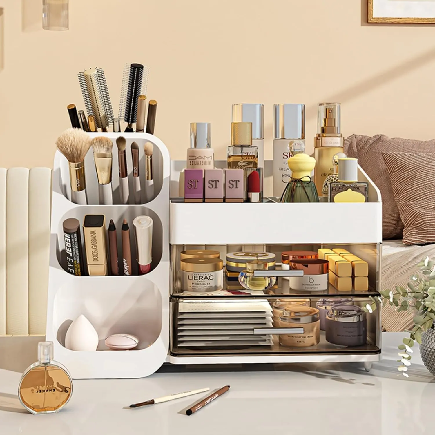 Makeup Organizer with Drawers,Large Capacity Countertop Organizer for Vanity,Bathroom and Bedroom Desk Cosmetics Organizer,Easy To Storage Skincare,Brushes, Eyeshadow, Lotions, Lipstick (White)