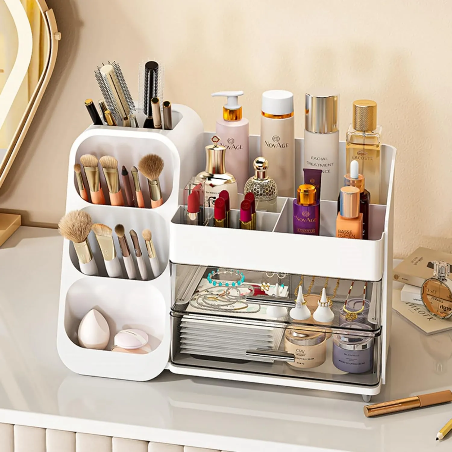 Makeup Organizer with Drawers,Large Capacity Countertop Organizer for Vanity,Bathroom and Bedroom Desk Cosmetics Organizer,Easy To Storage Skincare,Brushes, Eyeshadow, Lotions, Lipstick (White)