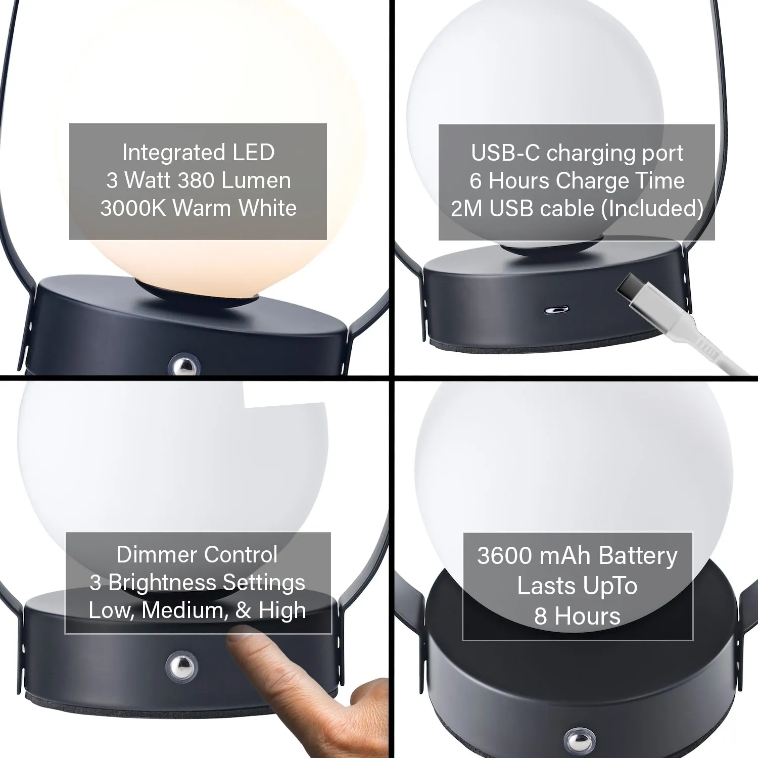 Matt Black Rechargeable Touch Dimmable Lantern Table Lamp with Frosted Shade