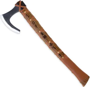 MedievalDepot Sunny Blaze Hand Forged Functional Outdoor Viking Bearded Axe Skeggøx – High Carbon Steel, Viking Runes, Orange Leather Grip, 22.5 Inches