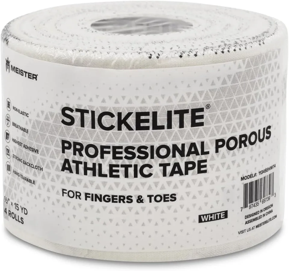 Meister StickElite Professional Porous Athletic Tape for Fingers & Toes - 15yd x 1/2" - White - 4 Rolls