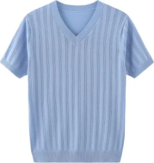 Men Hollow Out Knit Short Sleeves V-Neck Breathable Ice Silk T-Shirt Casual Slim Fit Knitted Shirts