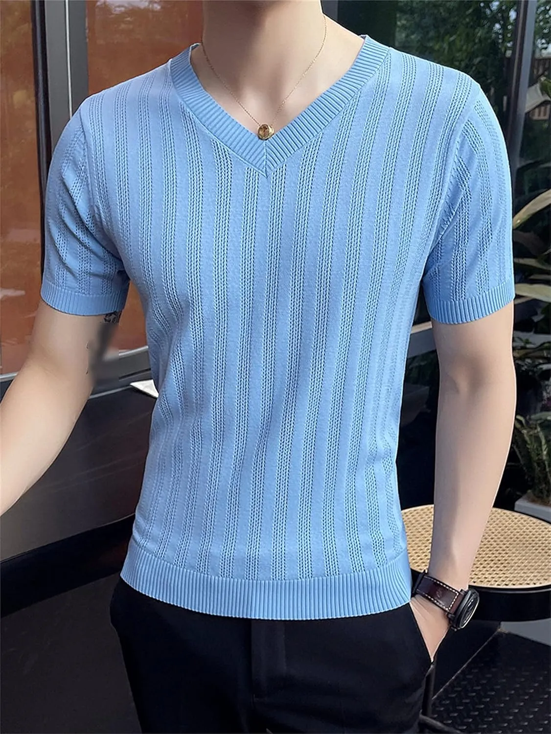 Men Hollow Out Knit Short Sleeves V-Neck Breathable Ice Silk T-Shirt Casual Slim Fit Knitted Shirts