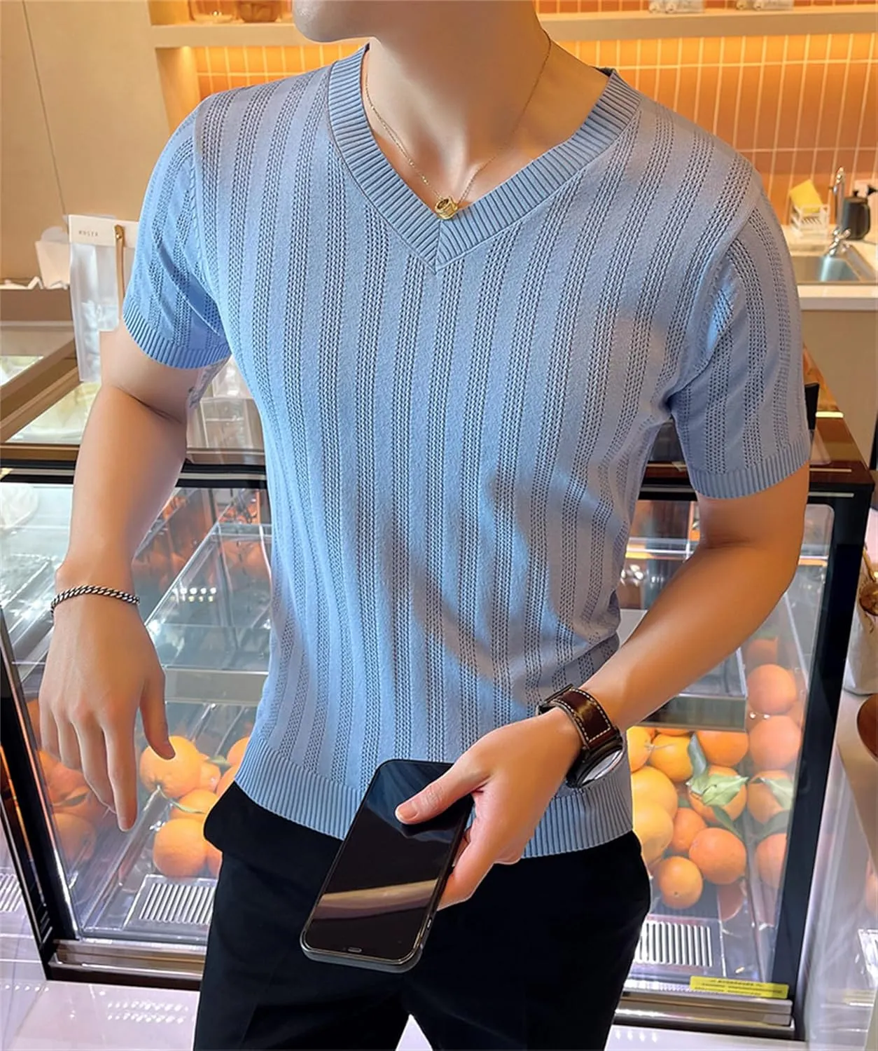 Men Hollow Out Knit Short Sleeves V-Neck Breathable Ice Silk T-Shirt Casual Slim Fit Knitted Shirts