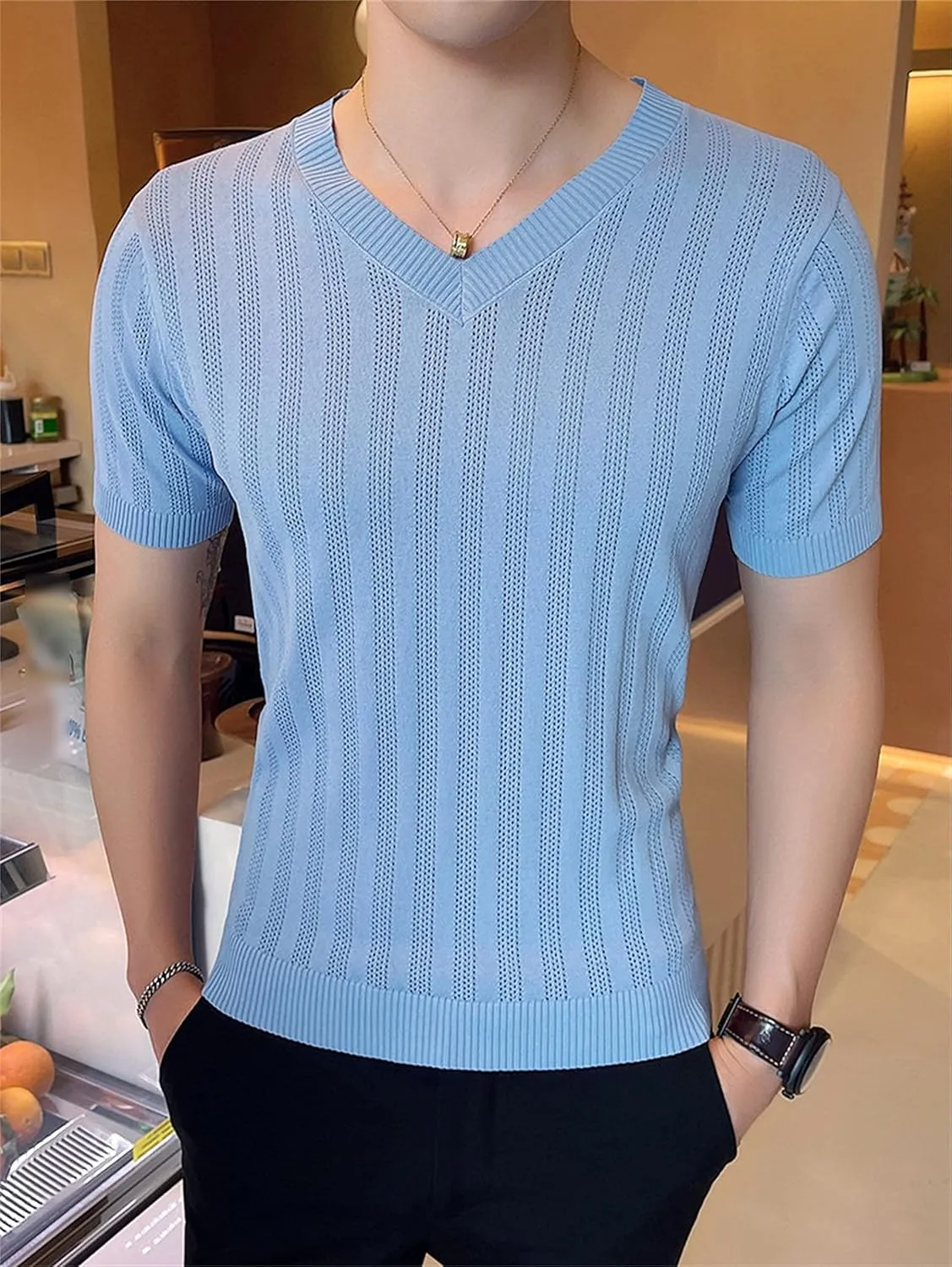 Men Hollow Out Knit Short Sleeves V-Neck Breathable Ice Silk T-Shirt Casual Slim Fit Knitted Shirts