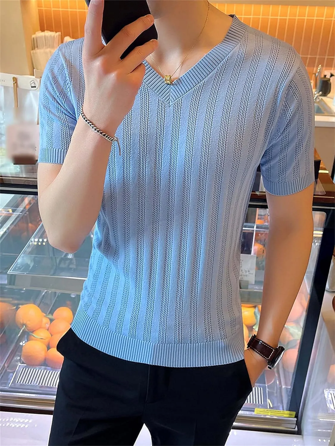 Men Hollow Out Knit Short Sleeves V-Neck Breathable Ice Silk T-Shirt Casual Slim Fit Knitted Shirts