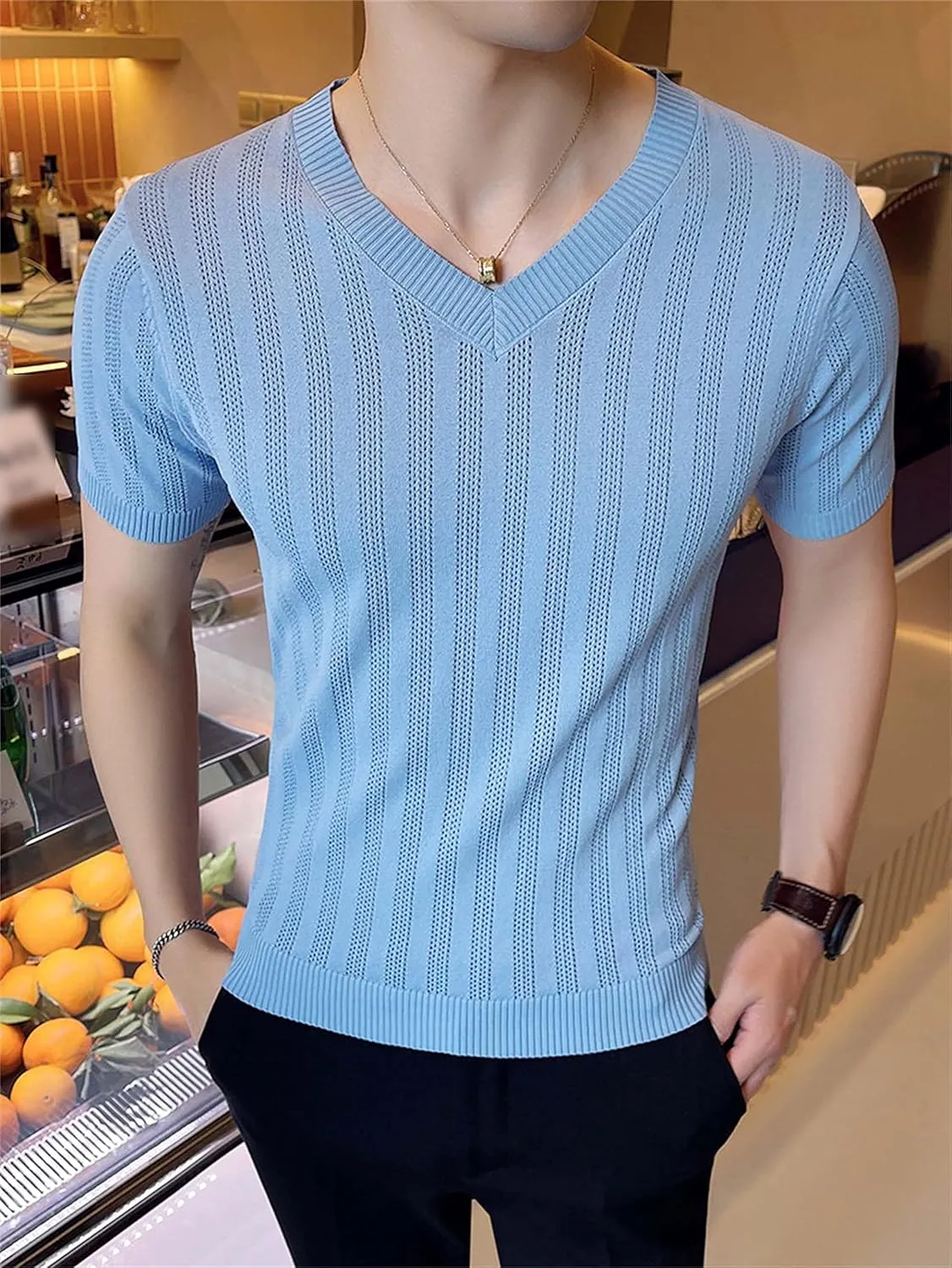 Men Hollow Out Knit Short Sleeves V-Neck Breathable Ice Silk T-Shirt Casual Slim Fit Knitted Shirts