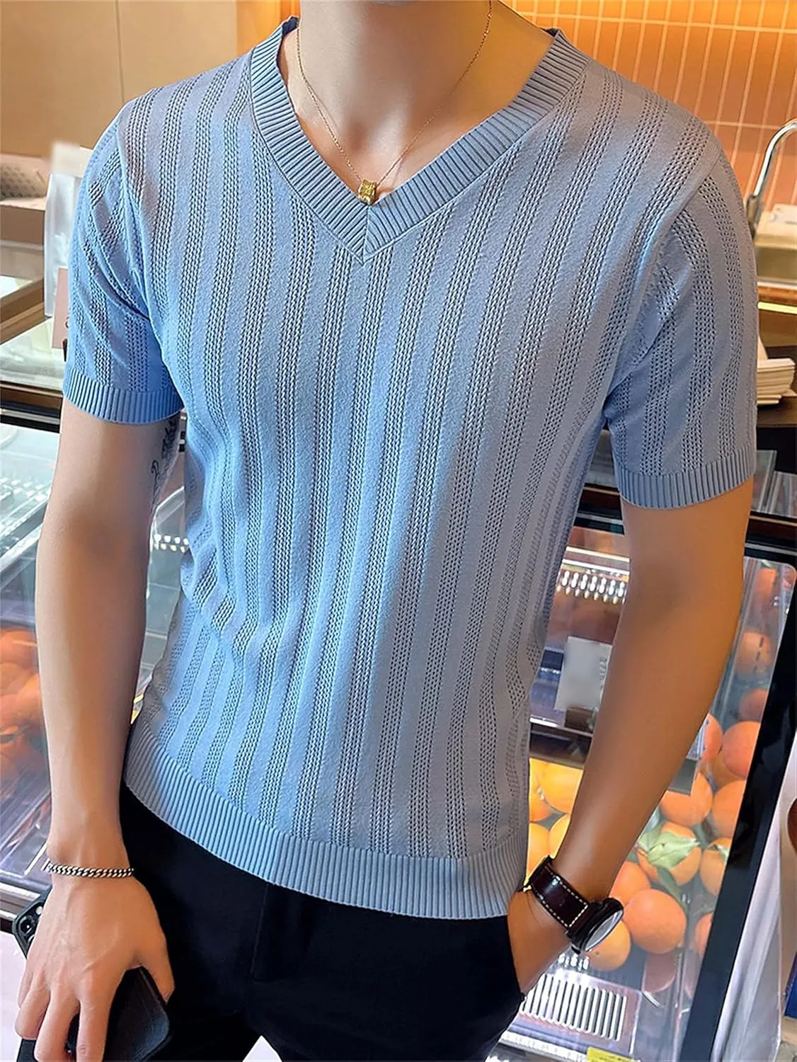 Men Hollow Out Knit Short Sleeves V-Neck Breathable Ice Silk T-Shirt Casual Slim Fit Knitted Shirts