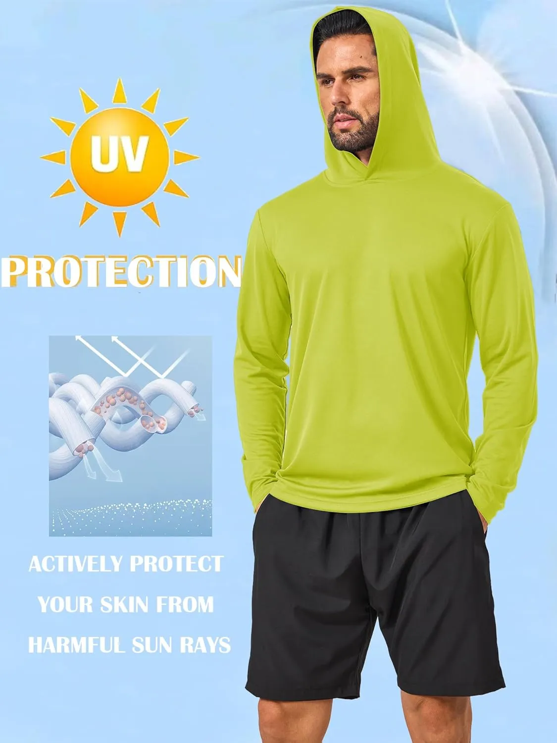 Men’s Sun Protection Long Sleeve Hoodie Rash Guard SPF Lightweight Quick Dry UV Shirts Outdoor Fishing Active Wear