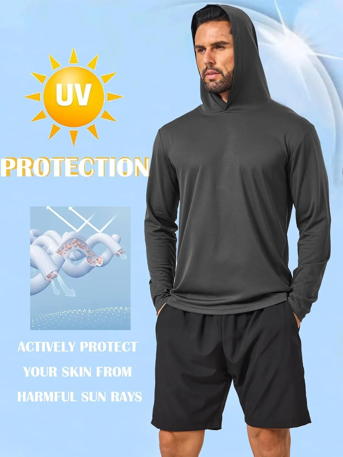 Men’s Sun Protection Long Sleeve Hoodie Rash Guard SPF Lightweight Quick Dry UV Shirts Outdoor Fishing Active Wear