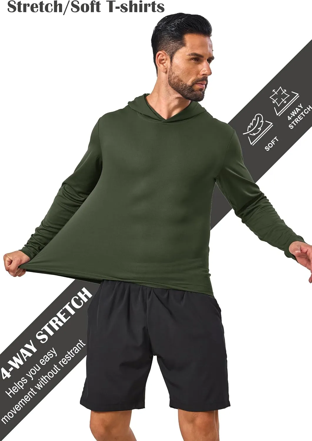 Men’s Sun Protection Long Sleeve Hoodie Rash Guard SPF Lightweight Quick Dry UV Shirts Outdoor Fishing Active Wear