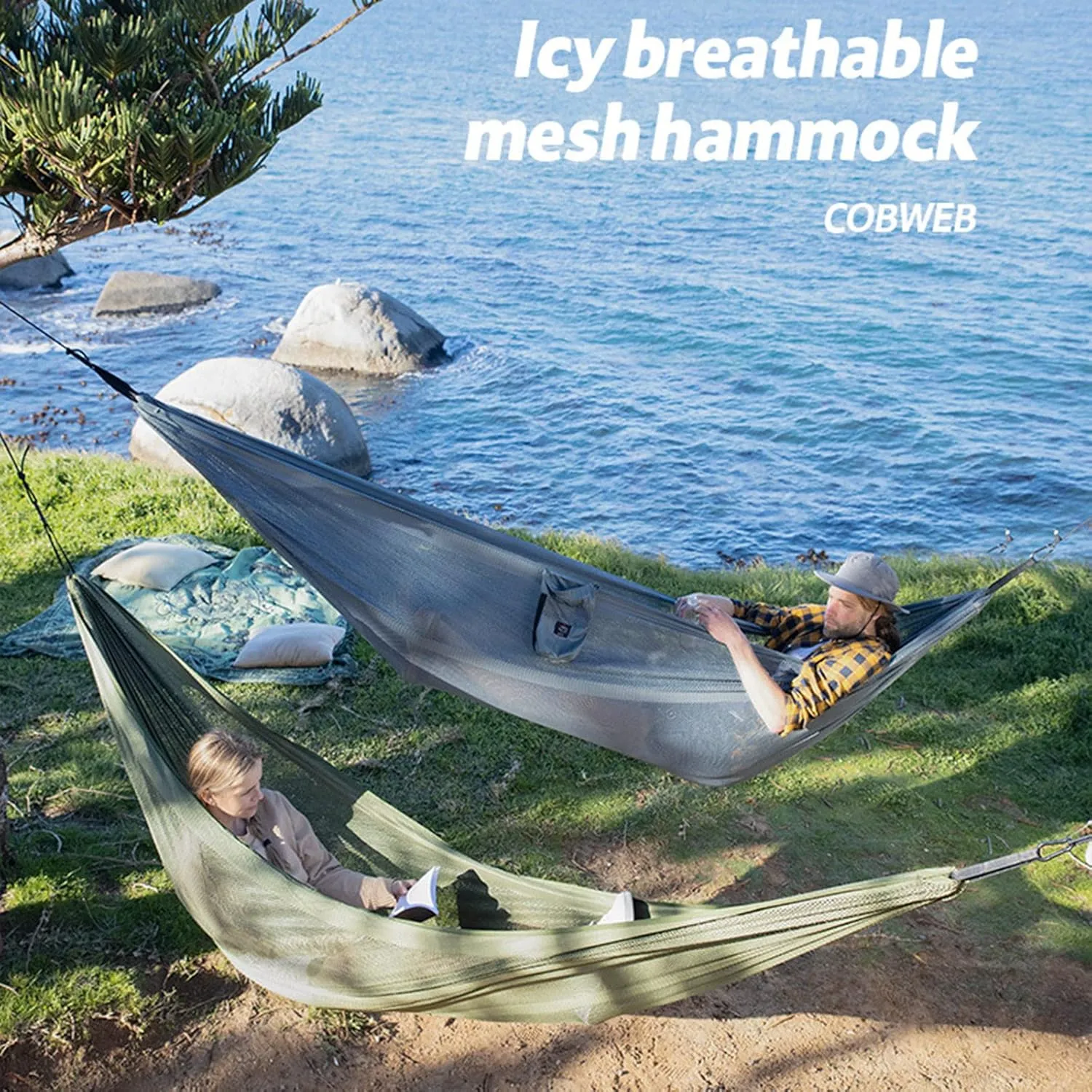 Mesh Hammock, Portable Camping Mesh Hammock, Breathable Lightweight Ice Silk Double & Single Nylon Hammocks, for Outdoor Adventures Camping (290X148cm,Gray)