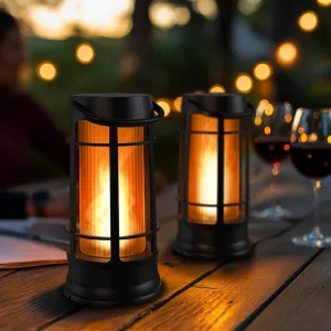 Metal Outdoor Solar Lantern, Flickering Solar Lanterns Outdoor Waterproof with Patented LED, Outdoor Lanterns for Porch, Patio, Garden, Tabletop, Hanging Use, Matte Black (2 Pack)