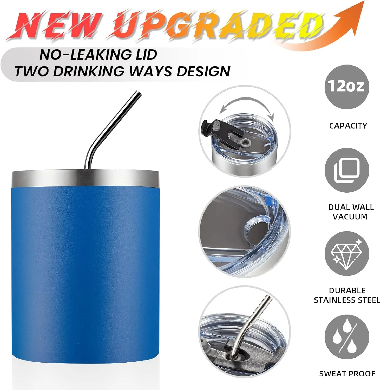 MEWAY 12 oz Lowball, Tumbler Stainless Steel Double Wall Vacuum Insulated Mug with Straw and Lid, Cleaning Brush ，Durable Powder Coated Insulated Coffee Cup for Cold & Hot Drinks (Navy, 12 pack)