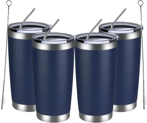 MEWAY 20oz Tumbler 4 Pack Double Wall Vacuum Insulated Travel Mug Bulk, Stainless Steel Tumblers with Lid and Straw, Durable Powder Coated Coffee Cups for Cold & Hot Drinks (Navy, 4)